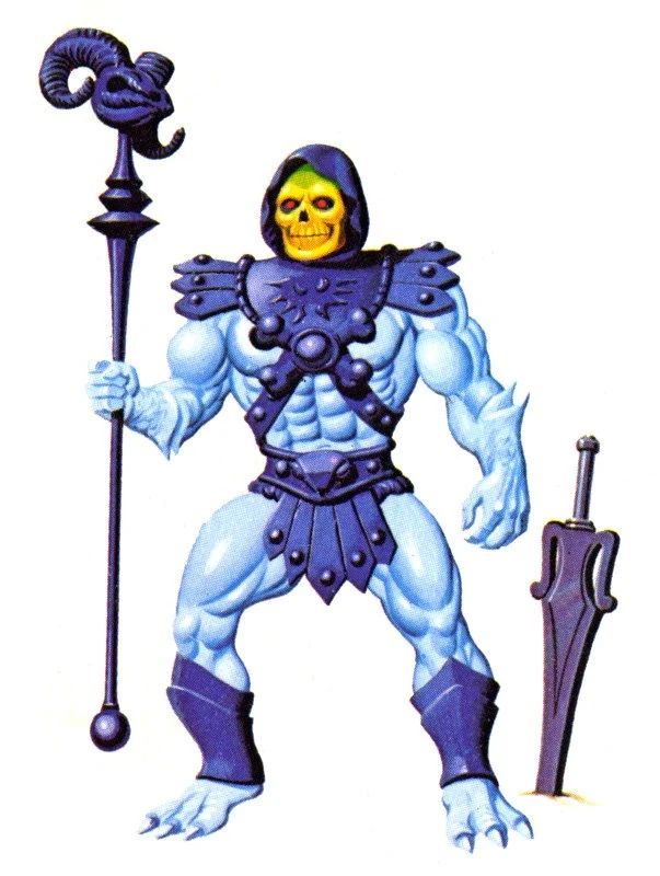 Skeletor standing imposingly with staff in hand and sword in background